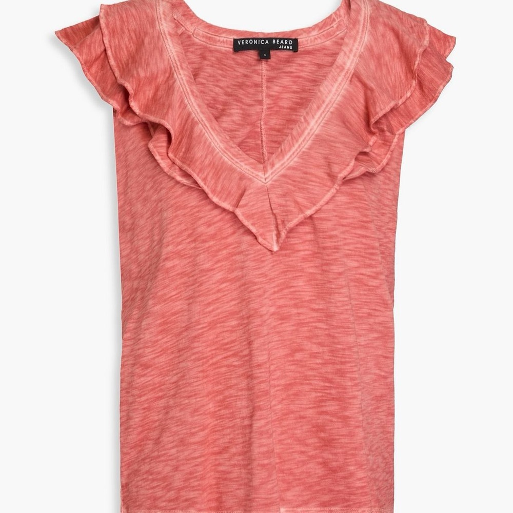 Veronica Beard Coral Ruffle V-Neck Blouse